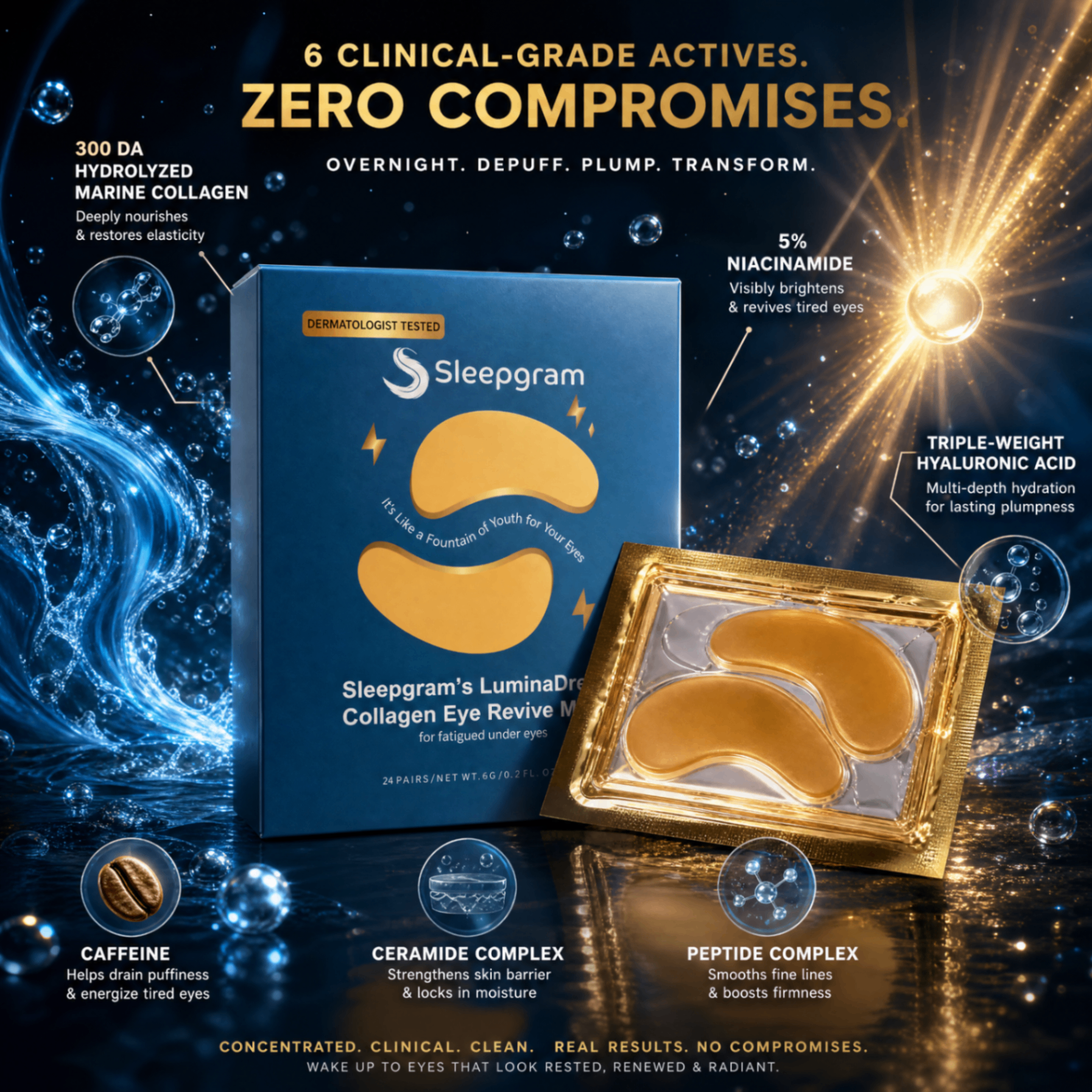 LuminaDream hero ingredients — hydrolyzed collagen, sodium hyaluronate, 24K gold foil